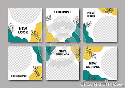 Bundle social media post template in abstract puzzle minimalist style. Pastel colors backgrounds with floral elements. Fashion Vector Illustration