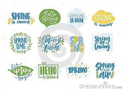 Bundle of spring or springtime phrases or slogans handwritten with calligraphic fonts and decorated by natural seasonal Vector Illustration