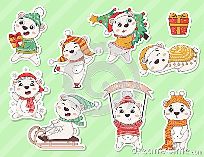 Bundle of stickers with cute cartoon new year polar bears in winter clothes with christmas tree, skating, sledding, catching Vector Illustration