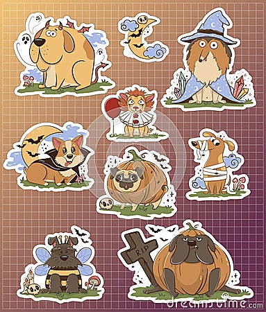 Bundle of stickers with Funny cartoon purebred dogs in Halloween costumes. Scary funny character for halloween. Vector Vector Illustration