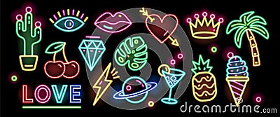 Bundle of symbols, signs or signboards glowing with colorful neon light isolated on black background. Collection of Vector Illustration