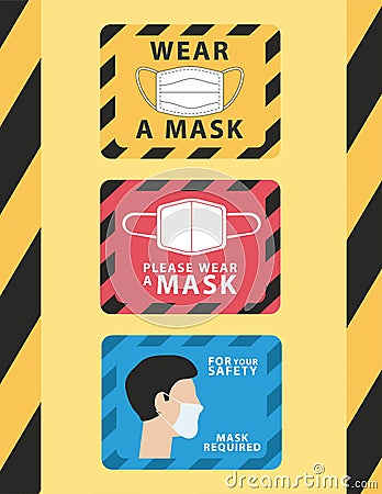 Bundle of three wear mask advertise labels Vector Illustration