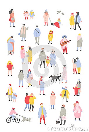 Bundle of tiny people dressed in outerwear walking and performing outdoor activities at Christmas eve. Men and women Vector Illustration