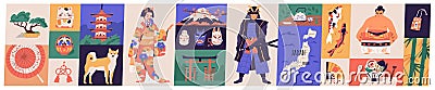 Bundle of traditional symbols of Japan - pagoda, geisha in kimono, koi fish, wagasa umbrella, bonsai tree, mount Fuji Vector Illustration