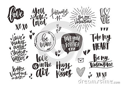 Bundle of trendy monochrome Valentine s day letterings with various phrases, quotes and wishes decorated by hearts hand Vector Illustration