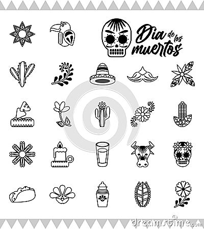 Bundle of twenty three dia de los muertos set icons Vector Illustration