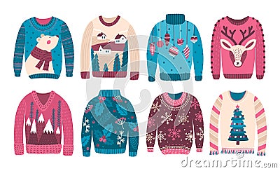 Bundle of ugly Christmas sweaters or jumpers isolated on white background. Collection of odd or strange seasonal woolen Vector Illustration
