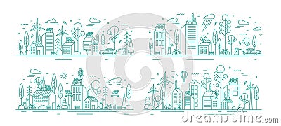 Bundle of urban landscapes with eco city using modern ecologically friendly technologies - wind power, solar energy Vector Illustration
