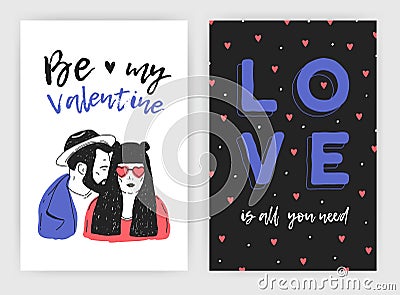 Bundle of Valentine s day greeting card, party invitation or flyer templates with hand drawn pair of young man and woman Vector Illustration