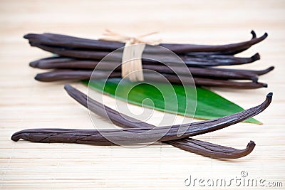 Bundle of vanilla bean pods Stock Photo