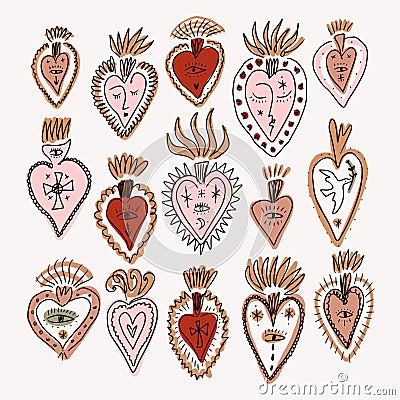 Bundle of vector mystical groovy vintage whimsical doodle sacred hearts. Valentines love characters. Hand-drawn sketchy Vector Illustration