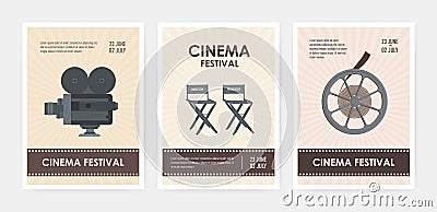 Bundle of vertical flyer or poster templates with retro camera, director and producer chairs, film reel and place for Vector Illustration