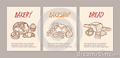 Bundle of vertical flyer or poster templates with tasty breads, sweet delicious pastry or homemade baked products Vector Illustration