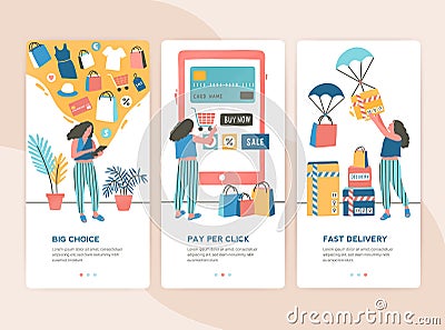 Bundle of vertical web banner templates with stages of online shopping - choice, payment, delivery. Set of scenes with Vector Illustration