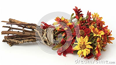 A bundle of vibrant red and yellow flowers are tied together with a thin strip of bark. These flowers are known for Stock Photo