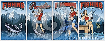 Bundle of vintage fishing posters with pin up girls Stock Photo