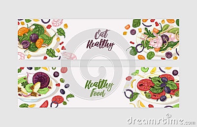 Bundle of web banner templates with delicious salads on plates and ingredients. Fresh wholesome dietary meals. Healthy Vector Illustration