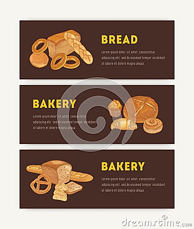 Bundle of web banner templates with different breads, sweet delicious pastry and place for text. Hand drawn vector Vector Illustration