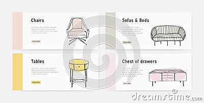 Bundle of web banner templates with various types of cozy furnishings in trendy Scandic style and place for text Vector Illustration