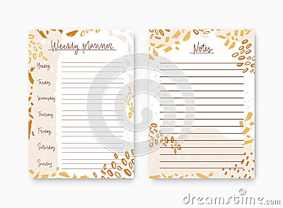 Bundle of weekly planner and list for notes templates decorated by colorful paint stains. Printable pages for diary or Vector Illustration