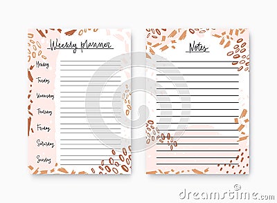 Bundle of weekly planner and notes page templates decorated by colorful artistic scribble, daub and paint stains. Plan Vector Illustration