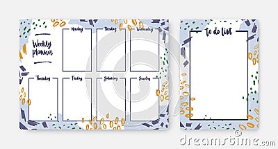 Bundle of weekly planner and to-do-list templates with frame decorated by brush strokes, paint traces and scribble Vector Illustration