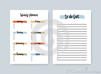 Bundle of weekly planner and to-do-list templates with headings highlighted by brushstrokes. Printable daily plan Vector Illustration