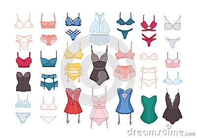 Bundle of women`s lingerie and nightwear sets isolated on white background. Collection of elegant undergarments or sexy Vector Illustration