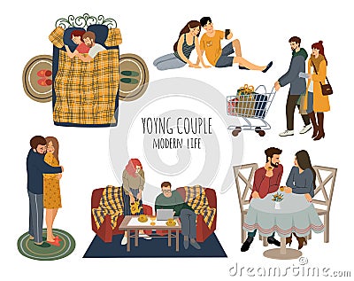 Bundle of young couples in love spending time together - drinking tea at cafe and at home, shopping, taking selfie Vector Illustration