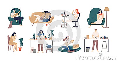 Bundle of young men and women spending weekend at home - playing guitar, eating sushi, reading books, surfing internet Vector Illustration