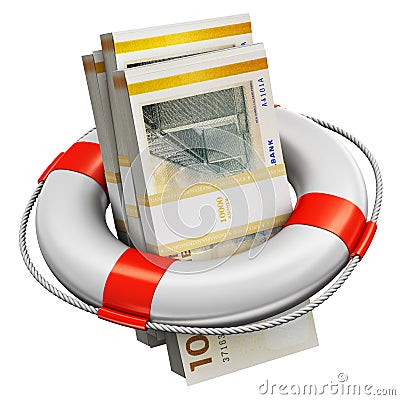Bundles of 100 Danish krona money banknotes in lifesaver buoy Cartoon Illustration