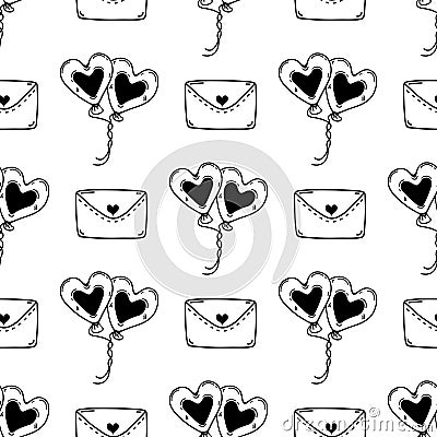 Bundles of heart-shaped balloons and holiday envelopes, seamless vector pattern. Pair of flying decorations, romantic love Vector Illustration