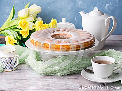 Bundt cake with frosting. Easter festive dessert Stock Photo