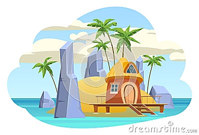 Bungalow on the island. In the blue calm sea. Summer seascape. Rocks and cliffs. Beach hut by the ocean. Isolated on Vector Illustration