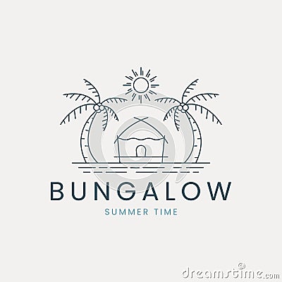 bungalow line art logo vector with sea and palm tree, sun illustration template design Vector Illustration