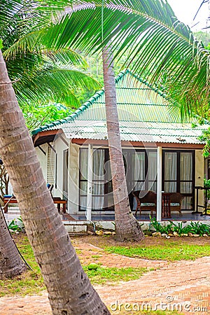 Bungalow in a palm forest surrounded by tropical greenery. Travel and tourism in Asia Stock Photo