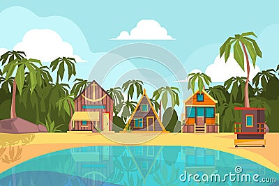 Bungalow seaside. Summer beach with tropical little house ocean hotel paradise vector background Vector Illustration