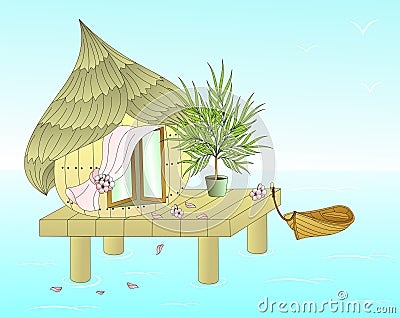 Bungalow on the shore of the azure sea Vector Illustration