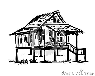 Bungalow on stilts with steep stairs in exotic country. Vacation, tourism on island. Handmade, vector illustration. Vector Illustration