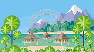 Bungalows and tropical island Vector Illustration