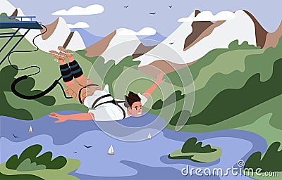 Bungee jumping of rope jumper. Happy man falling down with elastic cord. Extreme bungy jump over summer landscape with Vector Illustration