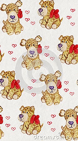 Watercolor dogie pattern. Watercolor paper texture on the background. Dogie with red bow. Valentines pattern Stock Photo