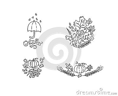 Bunlde set of vector illustration monoline calligraphy autumn phrases. Hand drawn autumnal elements pumpkin, umbrella and leaves Cartoon Illustration