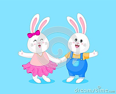 Bunnies cartoon character boy and girl. Vector Illustration