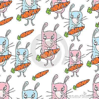 Bunnies cartoon seamless pattern, hand drawing, vector background. Funny painted rabbit with a carrot in the paws on a white backd Vector Illustration