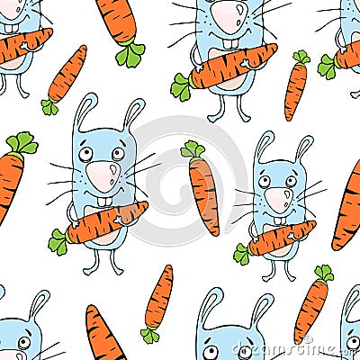 Bunnies cartoon seamless pattern, hand drawing, vector background. Funny painted rabbit with a carrot in the paws on a white backd Vector Illustration