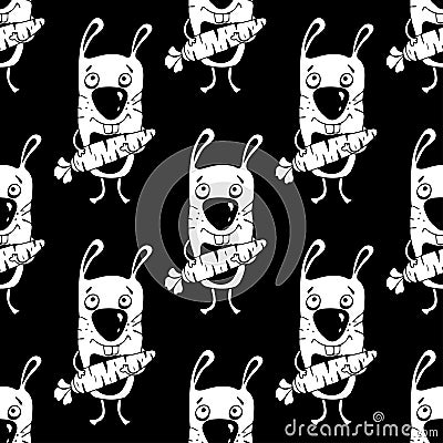 Bunnies cartoon seamless pattern, hand drawing, vector monochrome background. Funny painted white rabbit with a carrot in the paws Vector Illustration