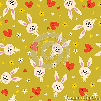 Bunnies flowers and hearts seamless pattern Vector Illustration