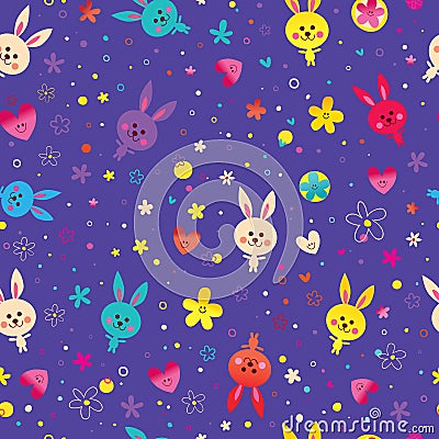 Bunnies flowers and hearts seamless pattern Vector Illustration