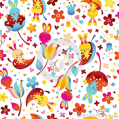 Bunnies and flowers pattern Vector Illustration